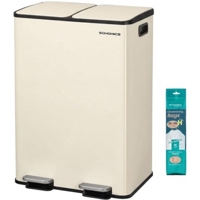 Foto van SONGMICS Keukenafvalbak, 2x30L, 2 compartimenten, softclose deksel, incl. 15 vuilniszakken, crèmekle