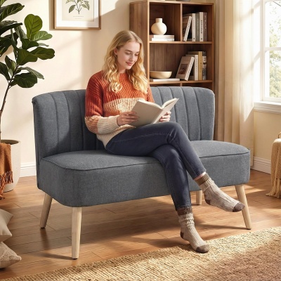 Foto van HOMCOM 2-zits loveseat van linnen met dikke zitting en houten poten, grijs