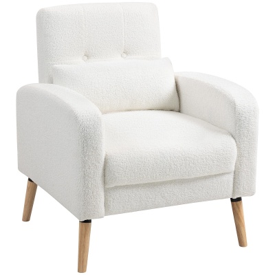 Foto van HOMCOM Loungestoel met lendenkussen, fleece stof, houten poten, wit, voor woonkamer en slaapkamer