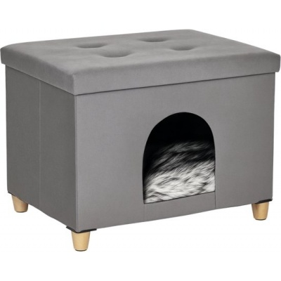 Foto van PawHut 2-in-1 kattenhuis en poef met kussen, zacht en elegant ontwerp, grijs 60 x 45 x 44,5 cm