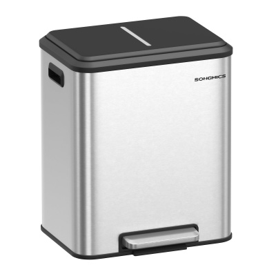 Foto van SONGMICS Dubbele Vuilnisbak 2 x 30 L voor Recycling, Roestvrij Staal, Softclose, Wolkwit