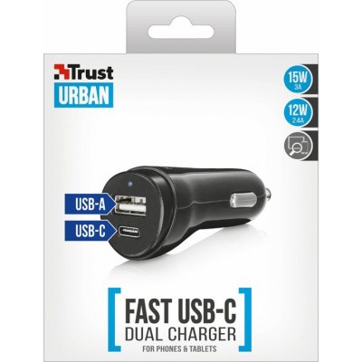 Trust Urban - Snelle Autolader met USB-C & USB poort Trust Urban - Snelle Autolader met USB-C & USB poort