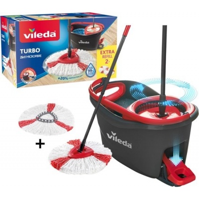 Foto van Vileda Turbo Dweilsysteem met 2 Mopkoppen en Emmer met Pedaalpers - Inclusief 2 Microvezelmoppen