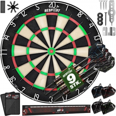 RE:SPORT® Sisal Premium Dartbord XXL set met 9 professionele dartpijlen en accessoires RE:SPORT® Sisal Premium Dartbord XXL set met 9 professionele dartpijlen en accessoires