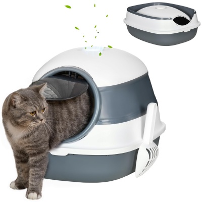 Foto van PawHut Opvouwbaar Kattentoilet met Klapdeur en Dakraam, 52 x 41 x 38 cm, Grijs/Wit