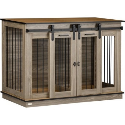 Foto van PawHut hondenkennel met dubbele deuren, 120 x 60 x 88,5 cm, voor middelgrote honden, eikenhout