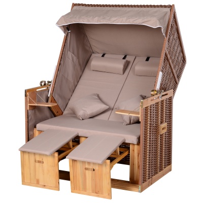 Foto van Outsunny Strandstoel ligbed met beschermhoes voor bekerhouders PE rotan beige