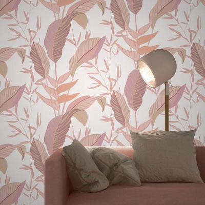 Foto van Erismann Vliesbehang Elle Tropische Bladeren Wit Roze Goud Metallic 10332-05