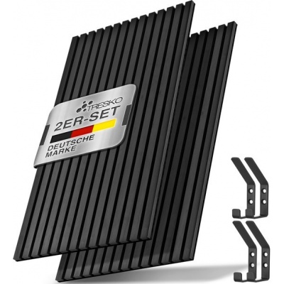 TRESKO® 2 stuks akoestische houten panelen 120x60x2,1 cm incl. 4 kleerhaken | Zwart eiken 3D wandpan TRESKO® 2 stuks akoestische houten panelen 120x60x2,1 cm incl. 4 kleerhaken | Zwart eiken 3D wandpan