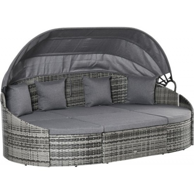 Foto van Outsunny 4-delige Rattan Zonne-eiland Zitgroep met Zonnescherm en 4 Kussens, Grijs 230 x 145 x 80 cm
