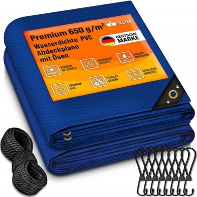 Foto van tillvex® Afdekzeil met ringen, 10 spanrubbers, 15 m touw, waterdicht en scheurvast, premium pvc