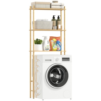 Foto van HOMCOM Toiletrek, 3 niveaus, multifunctioneel badkamerrek in landstijl van natuurlijk hout