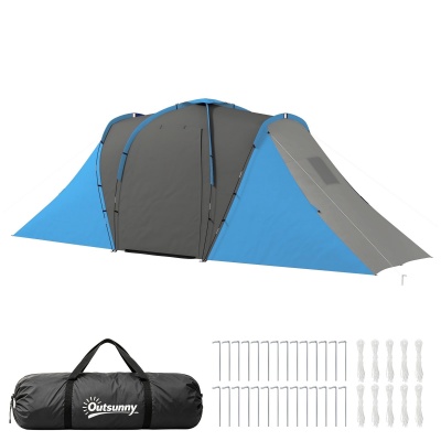 Foto van Outsunny Tunneltent, campingtent voor 4 personen met 2 slaapkamers, blauw