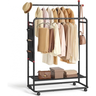 Foto van SONGMICS Kledingrek met wielen - 103 cm breed - 2 stangen, stoffen plank en opbergtas - Inktzwart