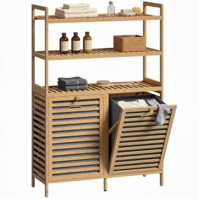Foto van HOMCOM Bamboe Badkamerrek met non-woven stof - 80L x 30B x 118H cm - Eiken