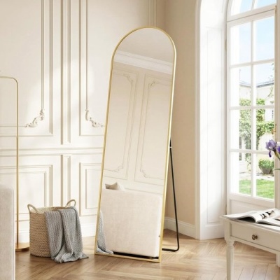 Foto van SONGMICS Volledige lengte spiegel, 150 x 40 cm, boogvormig met standaard, lichtgouden frame