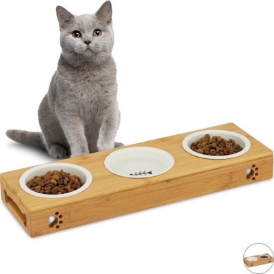 Foto van Bamboe voerbak voor kat met standaard en eet- en drinkbakjes - keramiek