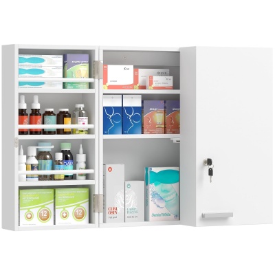 Foto van HOMCOM Wandmedicijnkast met 4 planken en dubbele deur, afsluitbaar, wit, 53 x 20 x 53 cm