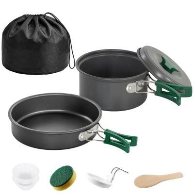 Foto van Outsunny 8-delige camping kookset met anti-verbrandingsgrepen, voor 2 personen, grijs
