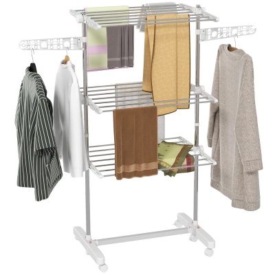 Foto van HOMCOM mobiele wasdroger met inklapbaar kledingrek en wielen, 3 niveaus, 80-142 x 55 x 152 cm