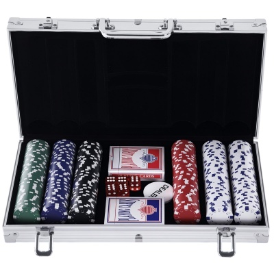 Foto van HOMCOM pokerkoffer met 300 chips, 2 kaartspellen, 5 dobbelstenen en aluminium koffer