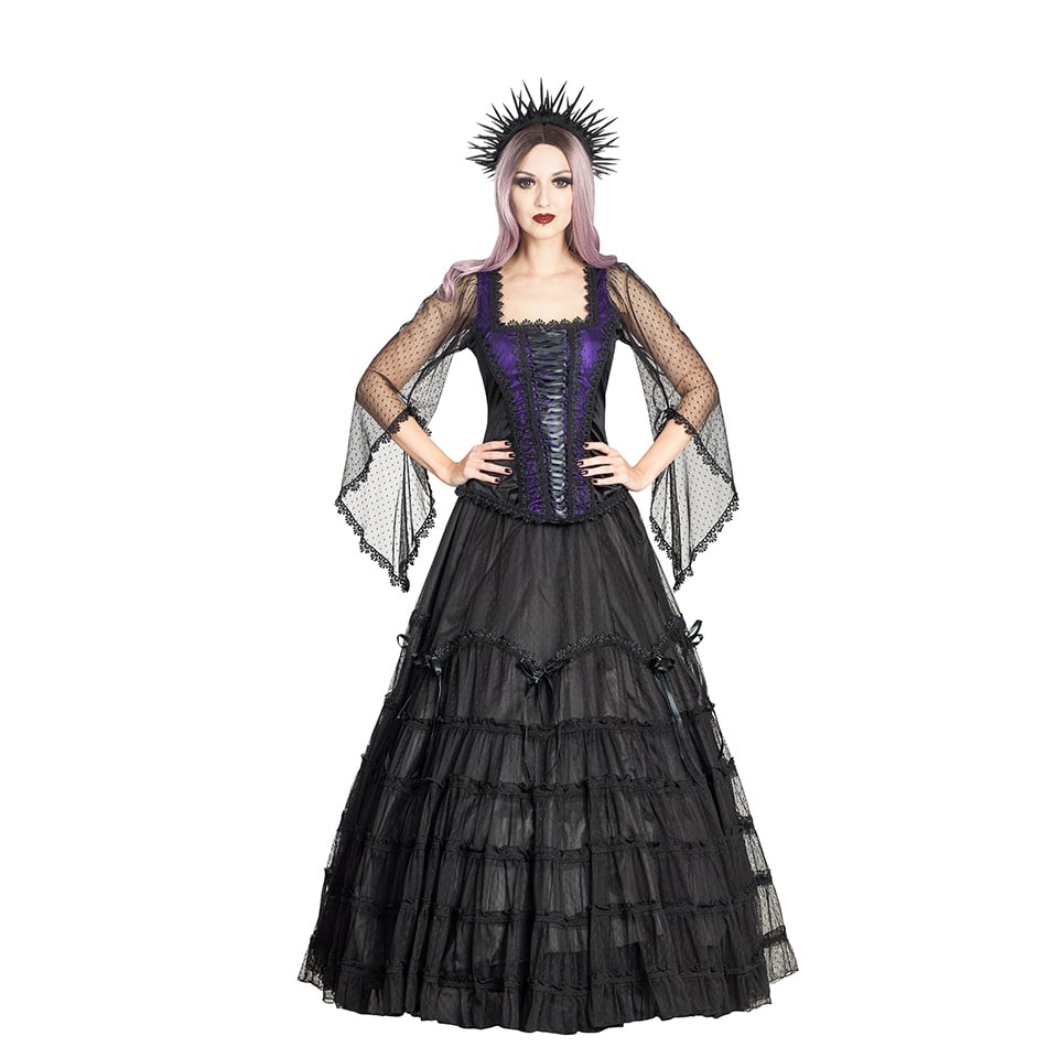 Sinister | Lange Boho Goth rok Sophia, zwart satijnen met laagjes gedrapeerd kant