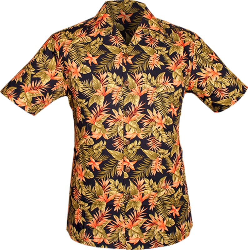 Chenaski | Overhemd korte mouw, jungle plants navy, groen roze