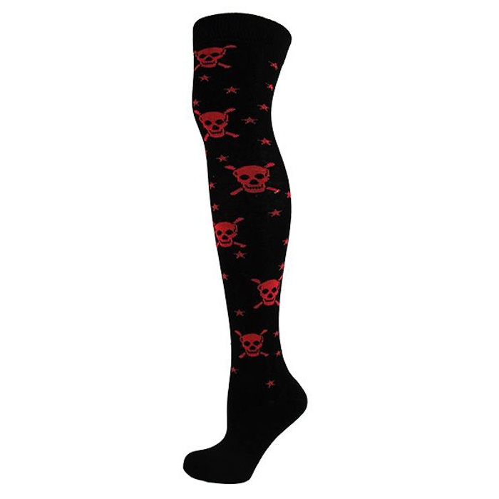 Macahel | Overknee sokken zwart met rode skulls en sterretjes Macahel | Overknee sokken zwart met rode skulls en sterretjes