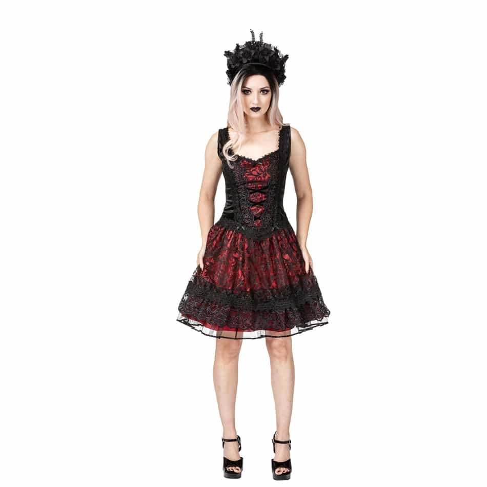 Sinister | Gothic Lolita mini-jurk Rosie, zwart kant met rood satijn