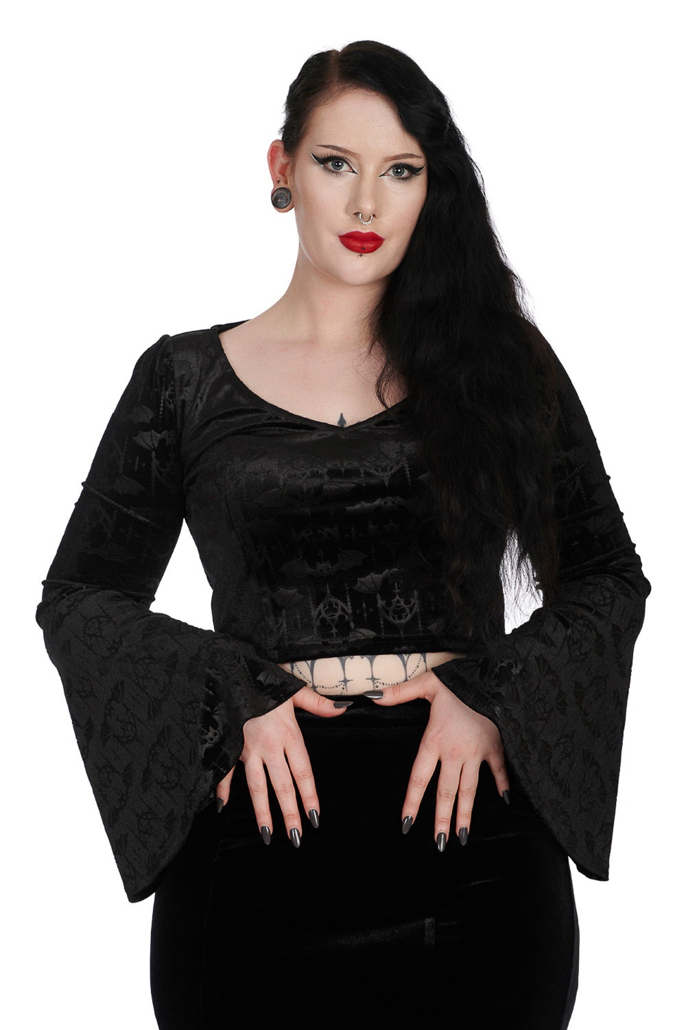 Banned | Gothic top, Voodoo lady gothic bat met trompet mouwen Banned | Gothic top, Voodoo lady gothic bat met trompet mouwen