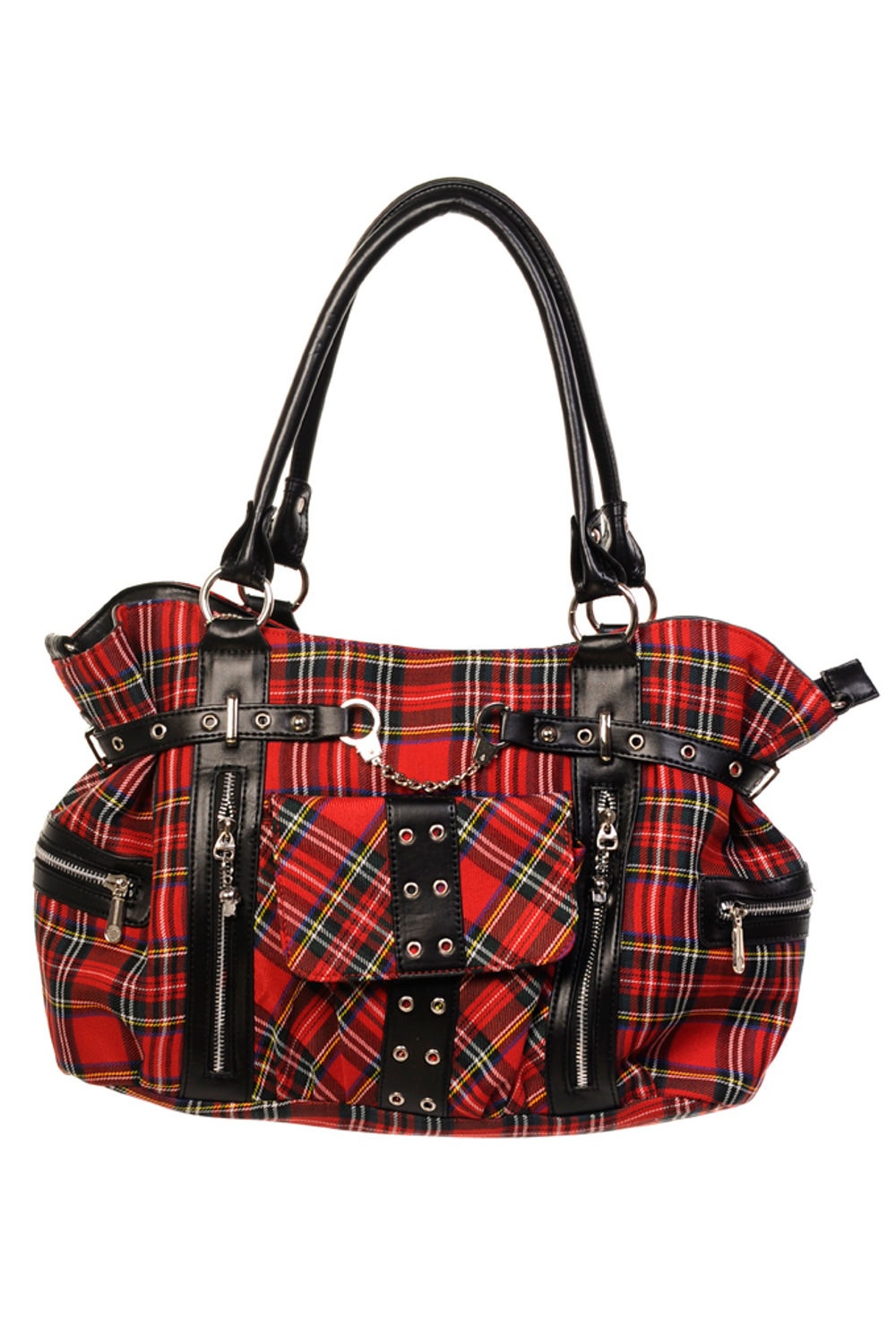 Banned | Lolita punk schoudertas Rise Up van rode tartan met rits details