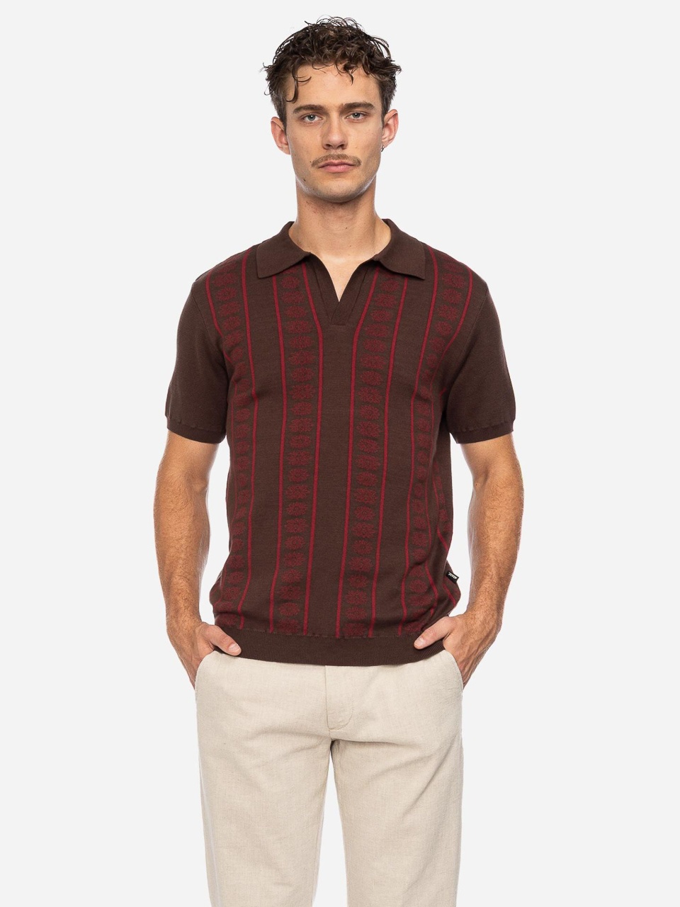 ATO Berlin | Polo Charles, bio katoen, bruin rood jacquard bloem