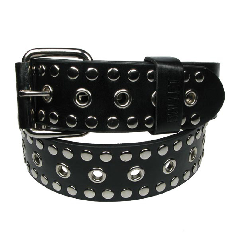Bullet69 | Zwarte PVC riem 38mm met metalen oogjes en klinknagels Bullet69 | Zwarte PVC riem 38mm met metalen oogjes en klinknagels