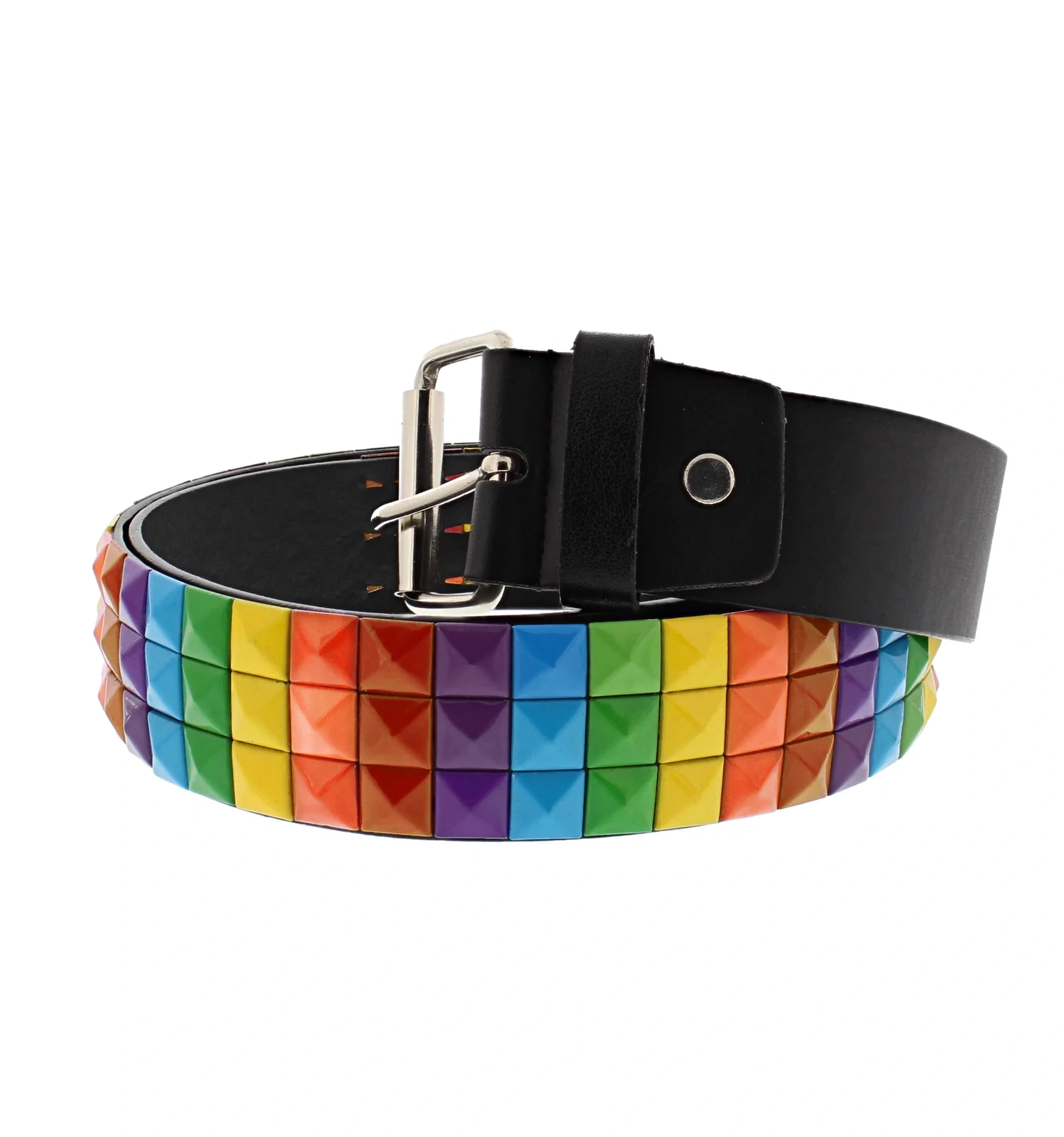 Zacharia | Riem van PU met 3 rijen regenboog piramides studs