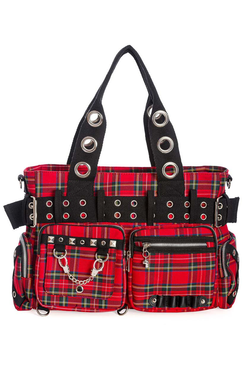 Banned | Handtas Camdyn van rode tartan met Gothic & Punk details Banned | Handtas Camdyn van rode tartan met Gothic & Punk details