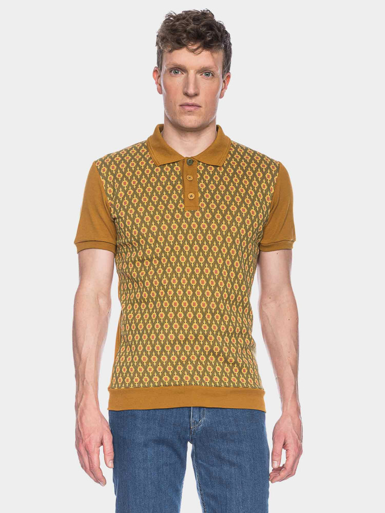 ATO Berlin | Polo Enzio bio katoen met goud en bruin jacquard patroon