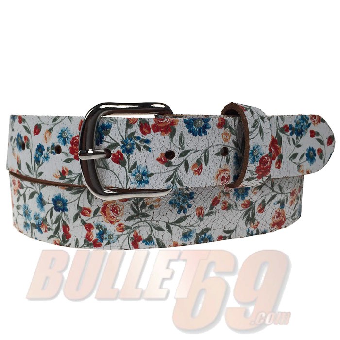 Leren riem, 30mm - met gekleurde bloemenprint en ronde gesp Leren riem, 30mm - met gekleurde bloemenprint en ronde gesp