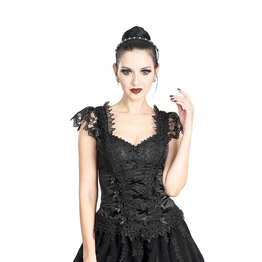 Sinister | Gothic top Feline, zwart fluweel en kanten mini vleugel mouwen