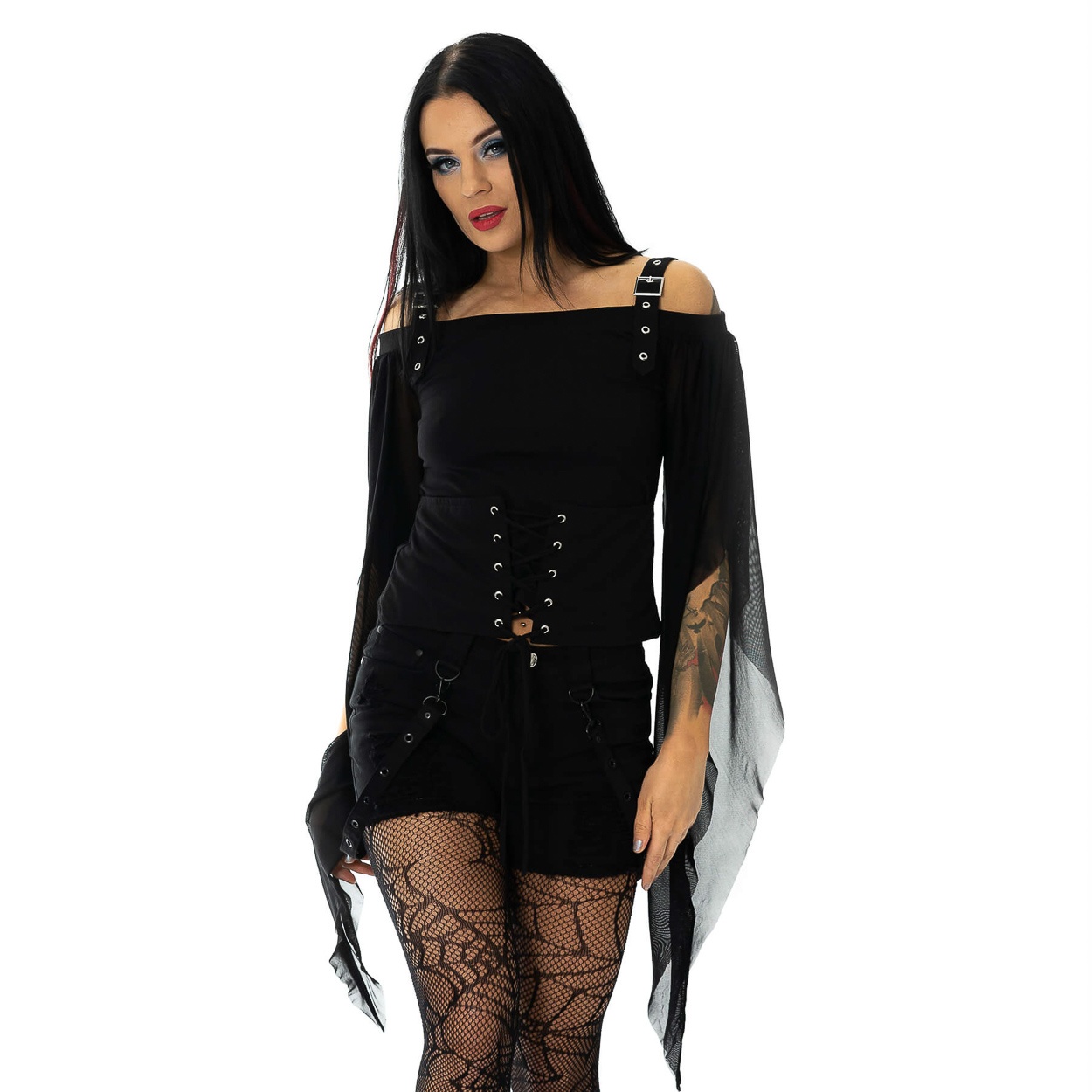 Poizen Industries | Gothic top Addylin met korsetdetail en sierlijke mesh puntmouwen