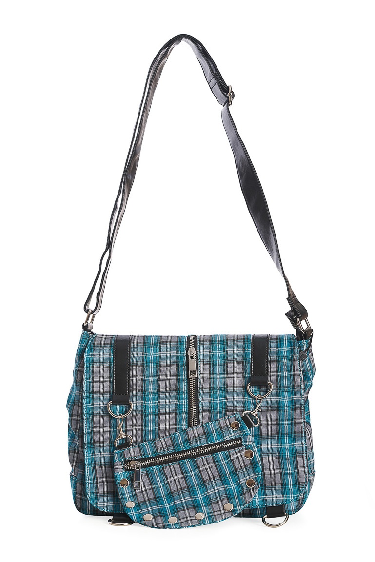 Banned | Schoudertas Twice the action, blauwe tartan met studs en rits details Banned | Schoudertas Twice the action, blauwe tartan met studs en rits details
