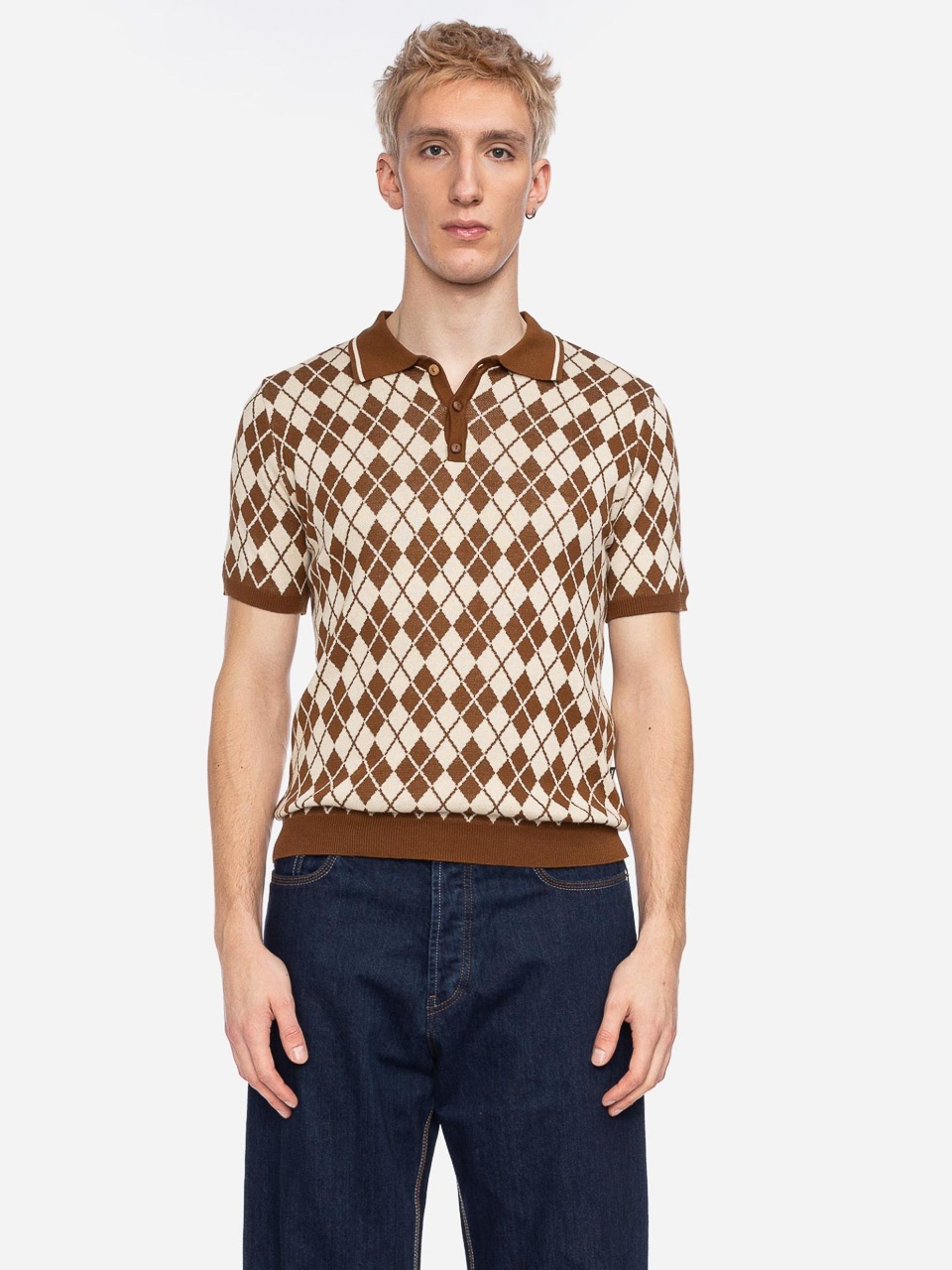 ATO Berlin | Polo Maron bio katoen met bruin-beige geruit retro patroon