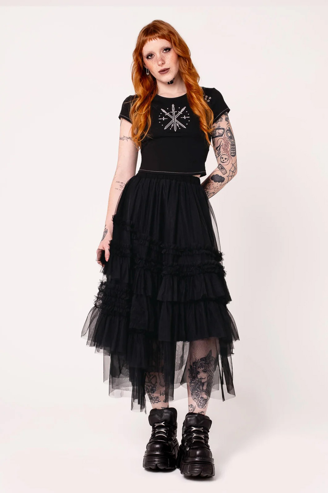 Hell Bunny | Zwarte Goth petticoat rok Prudence met roesjes en randjes