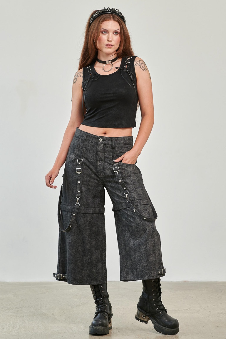 Banned | Glitchcore 3/4 jeans van grijze denim met afritsbare pijpen en banden