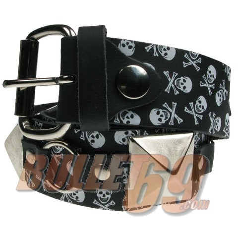 Bullet69 | Leren riem, 38mm - zwart met skulls, grote piramide studs en ringen