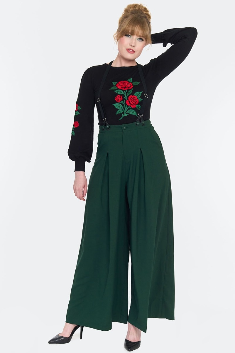 Voodoo Vixen | Groene dames pantalon met extra wijde pijpen, hoge taille en bretels
