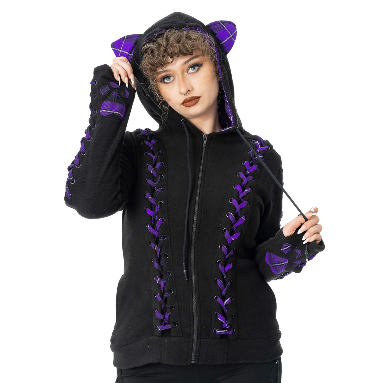 Bye Bye Kitty | Hoody Calico met lintjes details en paarse tartan katten oren Bye Bye Kitty | Hoody Calico met lintjes details en paarse tartan katten oren