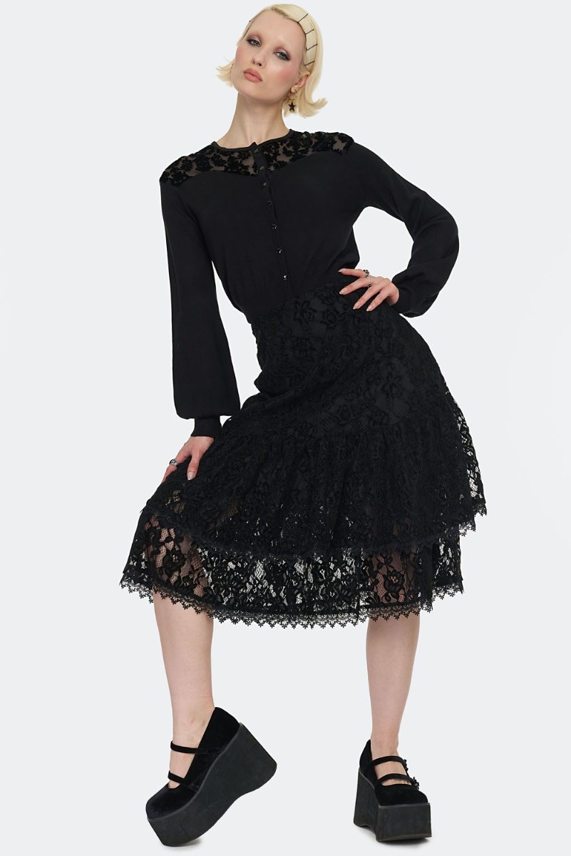 Jawbreaker | Kuitlange romantische Gothic rok met laagjes kant Jawbreaker | Kuitlange romantische Gothic rok met laagjes kant
