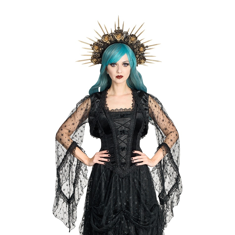 Sinister | Korte bolero Elfie van zwart fluweel met wijde mouwen van gaas met kant