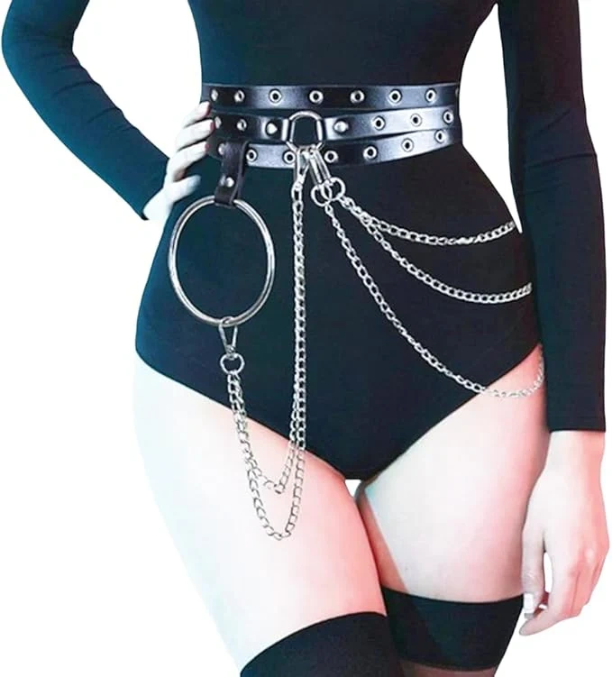 Zacharia | Dames bondage punk riem met banden, kettingen en een groot oog Zacharia | Dames bondage punk riem met banden, kettingen en een groot oog