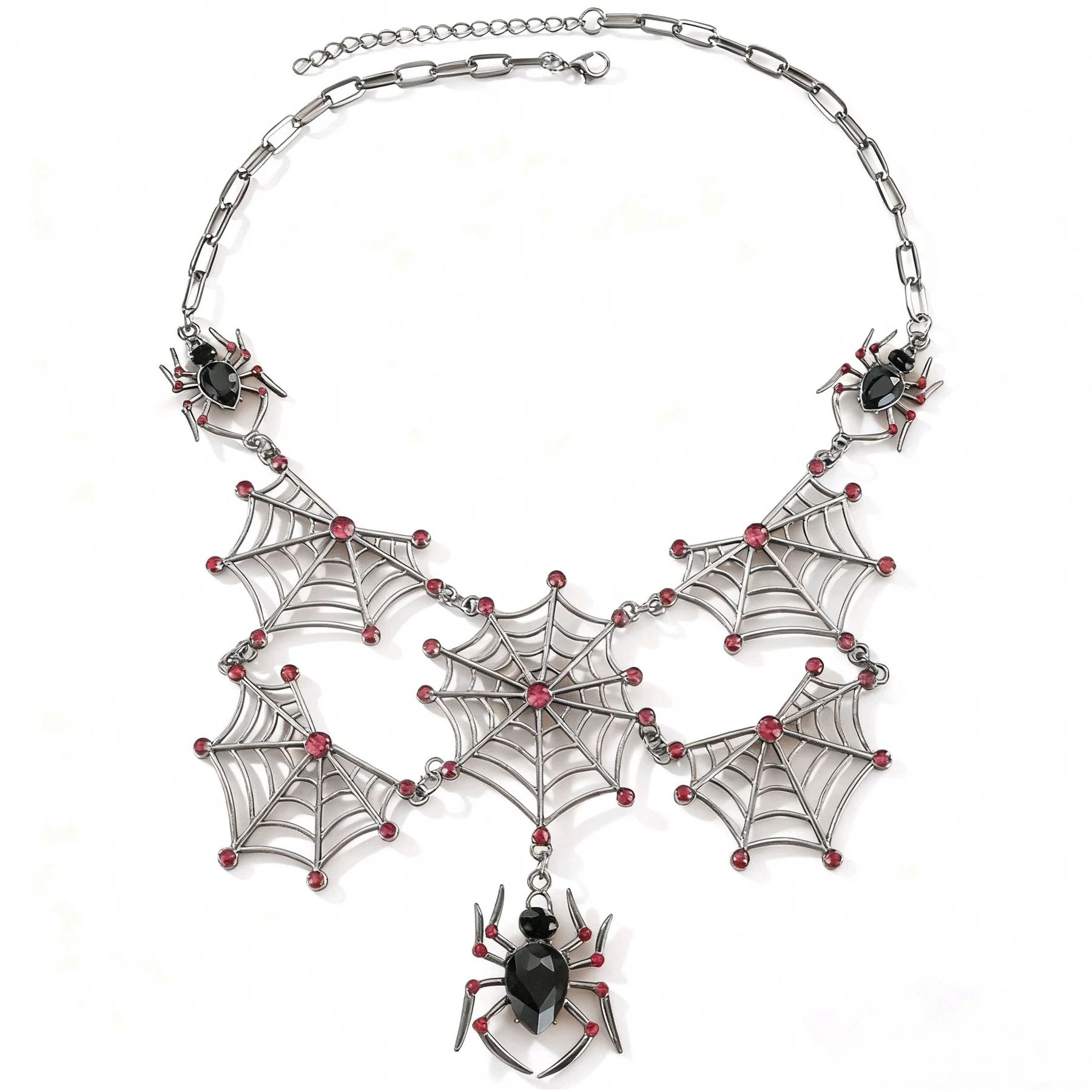 Zacharia | Halsketting Gun Metal zwarte Jewel spinnen met rode ruby poten en webben